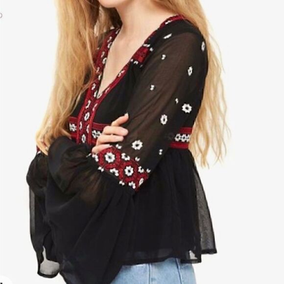 Topshop black embroidered style boho long sleeve top size US 2 - Picture 2 of 11